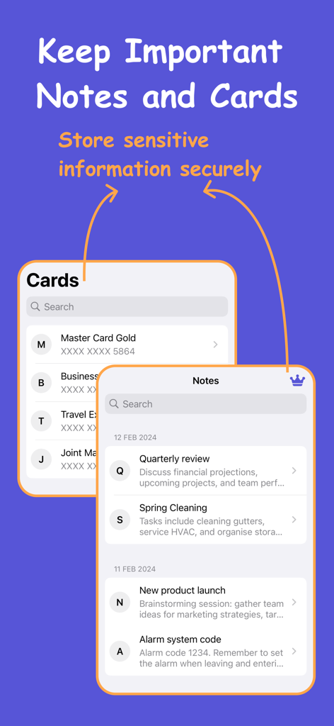 Risk Free Password Manager - Interface of the app showing secure storage for credit cards and personal notes