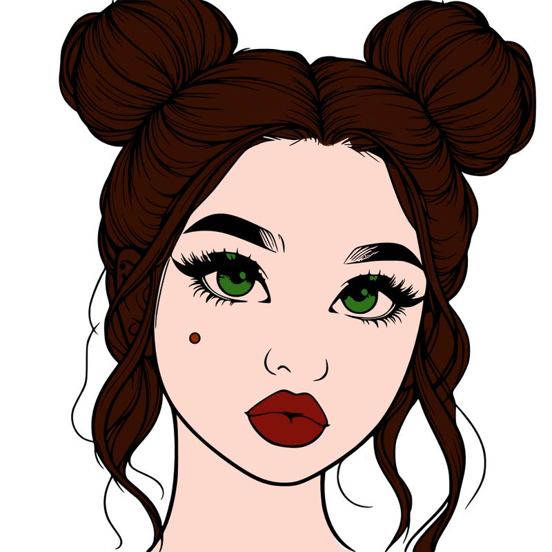 realistic girl with two buns on her hair and lips