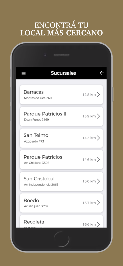 Pantalla de la app móvil de Rincón Norteño mostrando una lista de sucursales disponibles con direcciones y distancias.