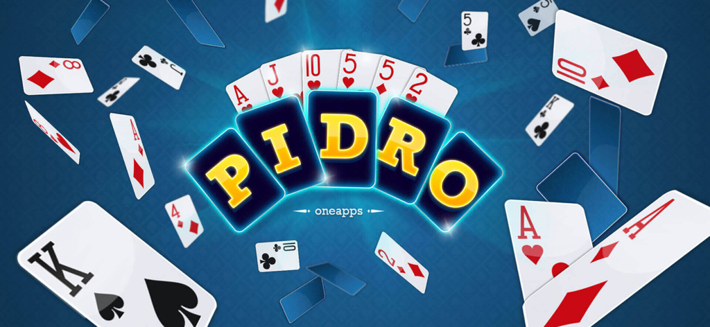 Pidro classic card game title with scattered playing cards on a blue background