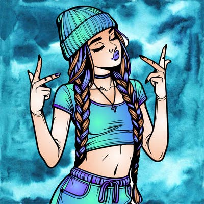 realistic teenage girl with braids and a beanie and crop top doing 🫶🏼