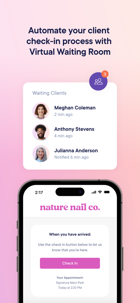 Mangomint app interface showing the virtual waiting room feature with a list of waiting clients and a mobile check-in button for a salon.