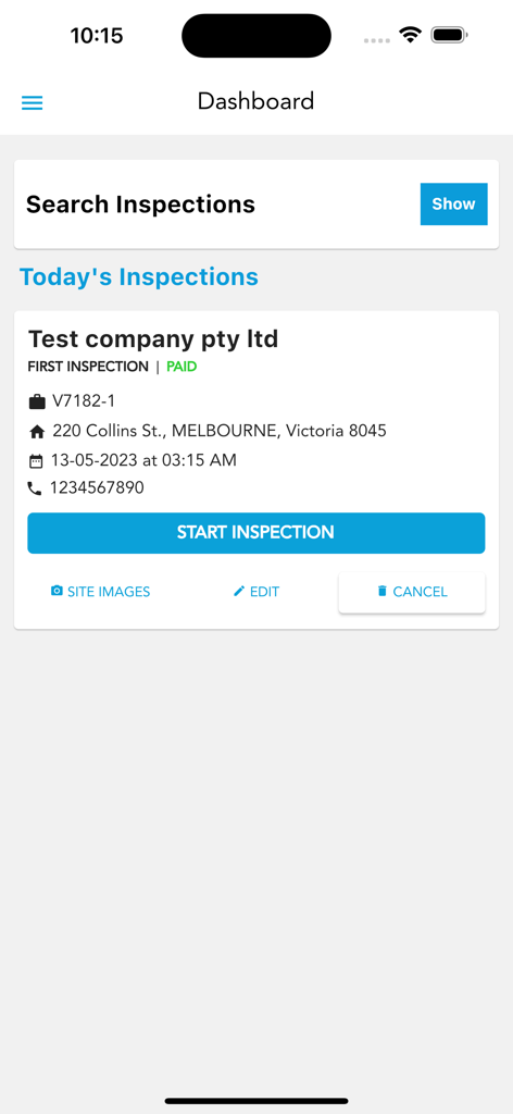 Panel de control de la aplicación Pool Inspection Apps que muestra las inspecciones de hoy y los detalles del trabajo.