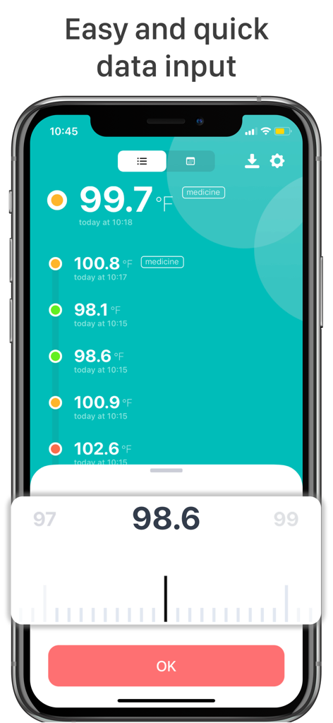 Fever Thermometer | Body Temp - Interfaz de la aplicación Termómetro de Fiebre que muestra una lista de lecturas de temperatura corporal registradas y un control deslizante para la entrada manual de datos