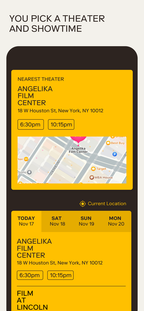 MUBI GO: Curated Cinema - MUBI GO app interface for choosing a theater and movie showtime in New York City