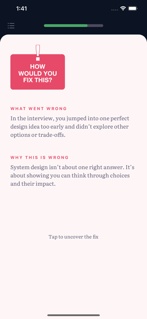 Educative Go - Interfaz de la aplicación móvil Educative Go mostrando una tarjeta de preparación para entrevistas de diseño de sistemas.