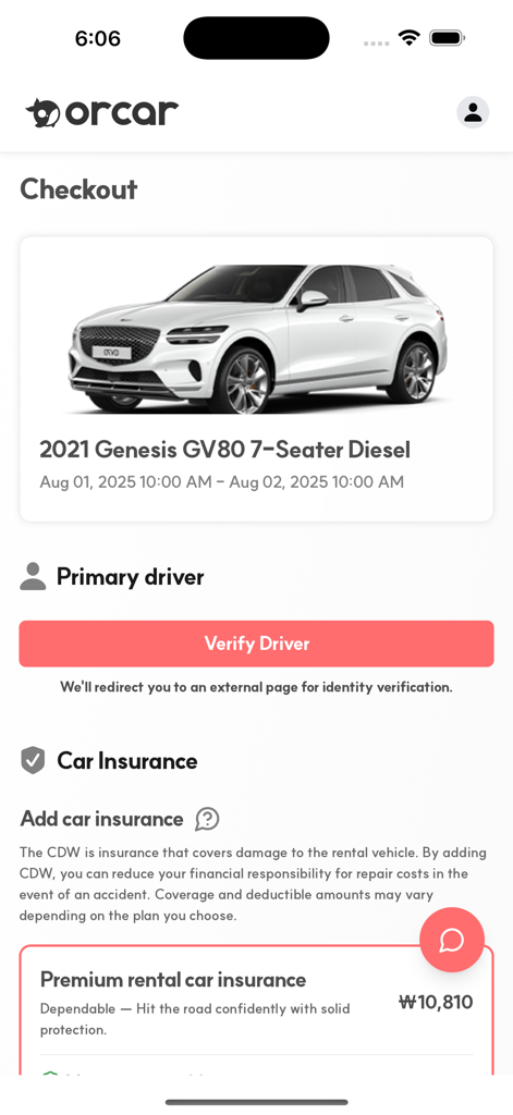 Orcar: Jeju Car Rental - Checkout screen in the Orcar app for a Genesis GV80 rental with driver verification and insurance options