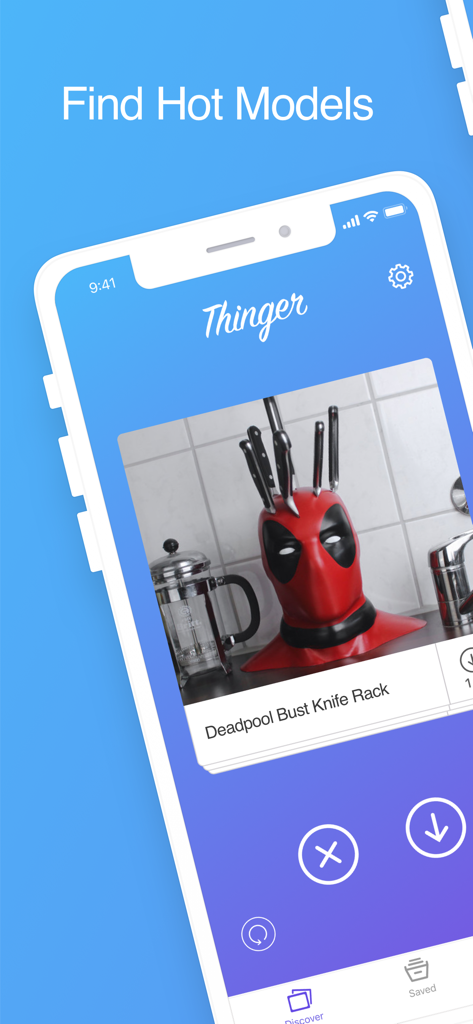 Thinger app interface showing a 3D printing model of a Deadpool knife rack with swiping discovery buttons