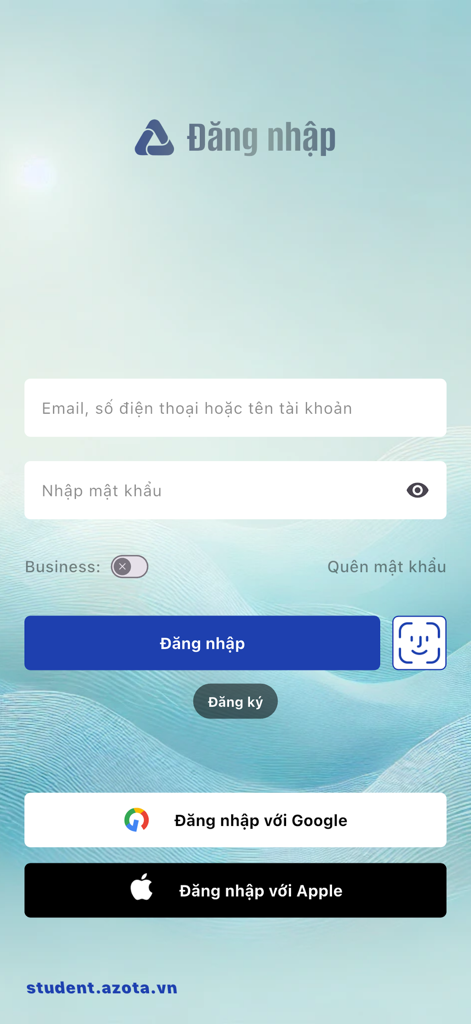 Azota Student - Azota Student教育アプリのログイン画面。メールとソーシャルサインインオプションが表示されています
