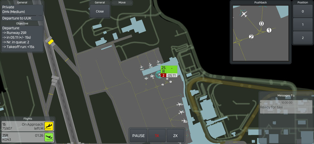 Una vista cenital de la interfaz de control de tráfico aéreo de Hello Tower que muestra las operaciones de tierra del aeropuerto y los paneles de gestión de vuelos