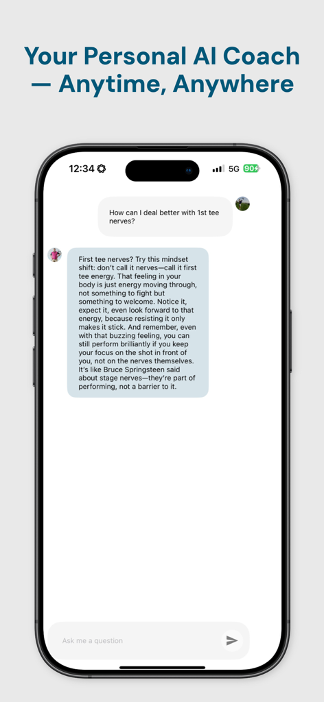 Interface of Mind Caddie app featuring an AI mental coach giving advice on golf performance