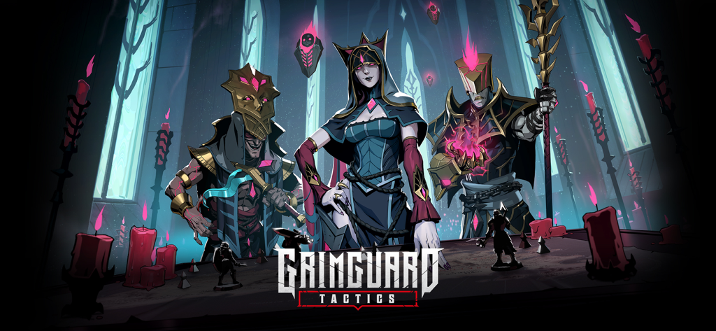 Grimguard Tactics: Fantasy RPG - Three dark fantasy characters standing behind a tactical map with game miniatures