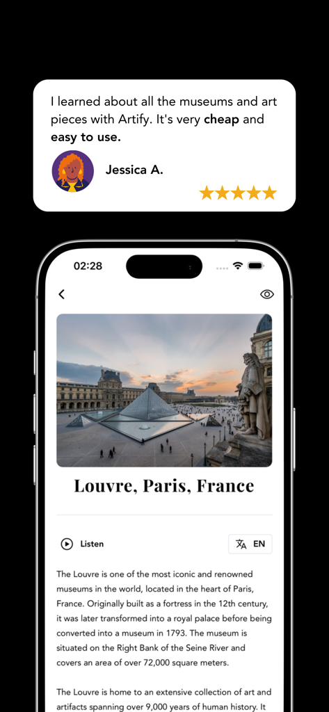 Art History & Museums - Artify - Interfaz de la aplicación Artify que muestra información sobre el Museo del Louvre y un testimonio positivo de un usuario