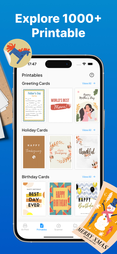 Smart Printer App: Scan Print - Interface do App de Impressão Inteligente exibindo vários modelos de cartões de felicitações imprimíveis para feriados e aniversários