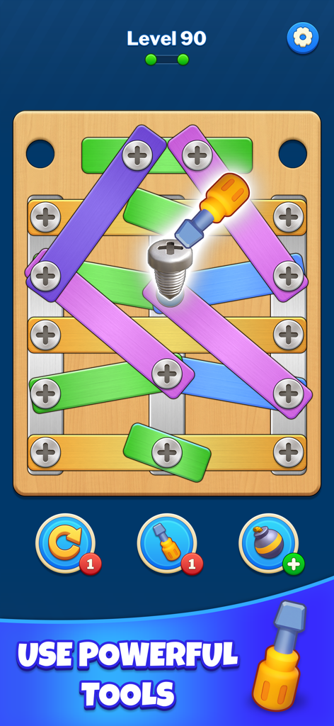 Gameplay screenshot of Screw Sort puzzle showing a wooden board with colored metal strips held by screws and power-up tools.