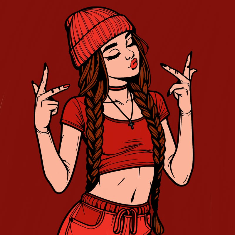 realistic teenage girl with braids and a beanie and crop top doing 🫶🏼