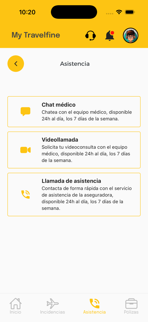 Travelfine - Travelfine app assistance screen showing options for medical chat, video call, and assistance calls available 24/7