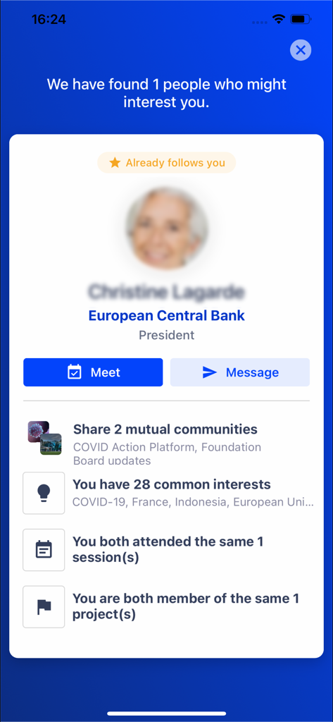 TopLink. - TopLink app interface displaying a professional user profile with networking options and shared professional interests