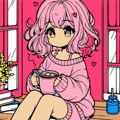 cute anime girl reading book and drinking hot chocolate from mug with loose wavy hair wearing a baggy sweatshirt and shorts sitting by windowsill looking out