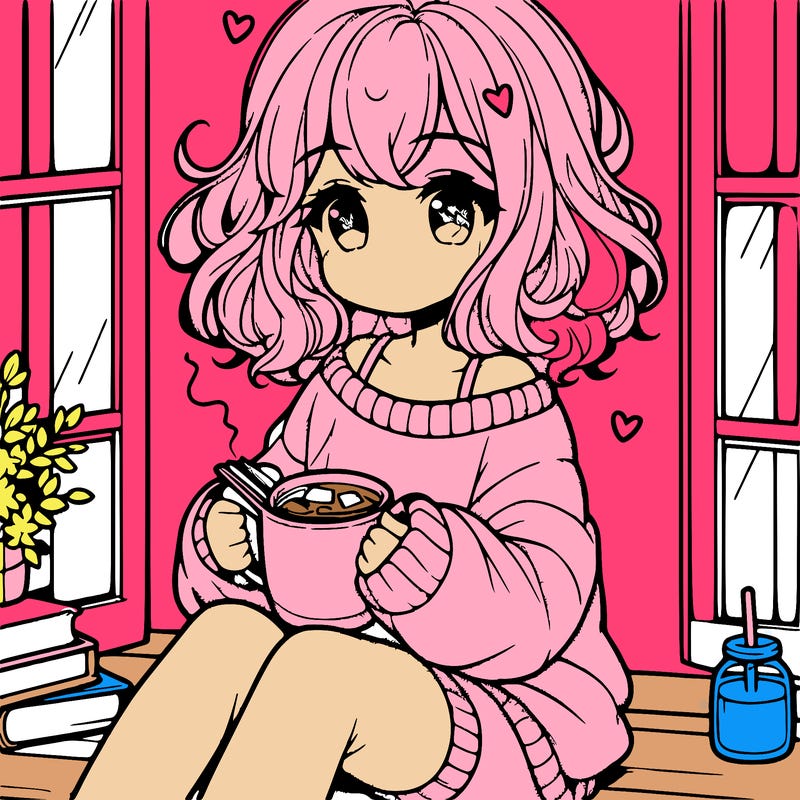 cute anime girl reading book and drinking hot chocolate from mug with loose wavy hair wearing a baggy sweatshirt and shorts sitting by windowsill looking out