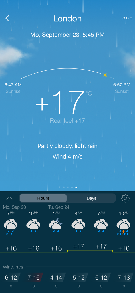 Gismeteo - Aplicación Gismeteo mostrando el tiempo actual y el pronóstico por hora para Londres.
