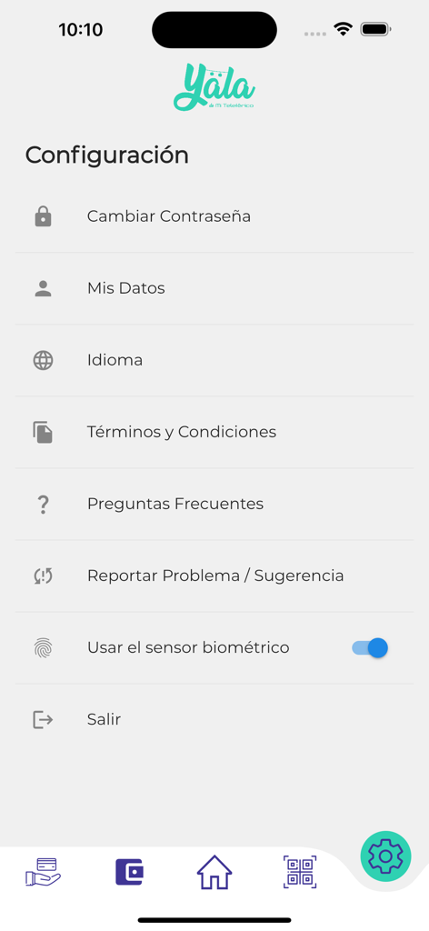 Yala Mi Teleférico - Settings screen of the Yala Mi Teleferico app showing account configuration options