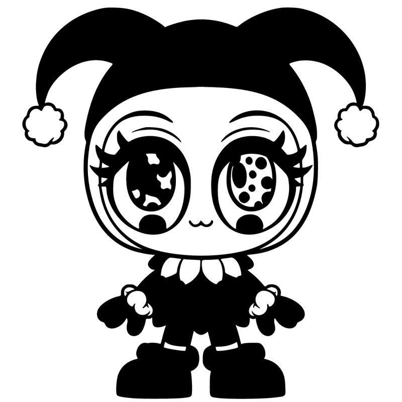 pomni white skin dark brown hair short adjuster hat, that’s red and blue with pom-poms on it red and blue jester suit with pom-poms on the middle 2 of them jester shoes, red and blue at the top yellow ribbon red and blue for the gloves ribbon on the gloves her eyes looks like pizza slices, but colored, red and blue at the same time