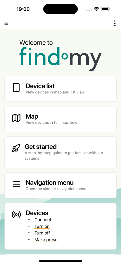 Findmy app home screen showing device list and map navigation options for livestock tracking