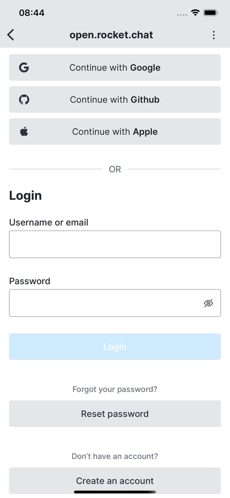 Rocket.Chat login screen with Google Github and Apple sign in options