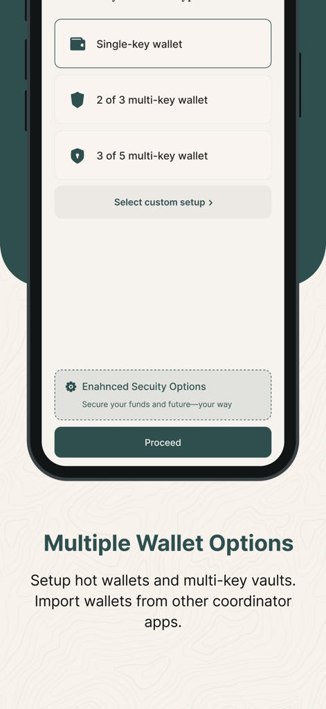 단일 키 및 다중 키 지갑 설정 옵션을 보여주는 비트코인 키퍼 앱 화면