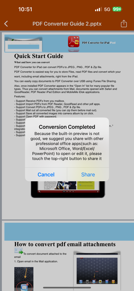 A confirmation popup in the PDF to PowerPoint app stating conversion is complete with an option to share to Microsoft Office apps