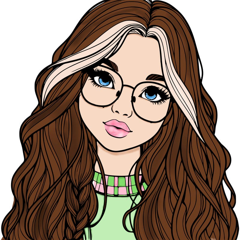 girl with long hair and freckles and glasses realistic