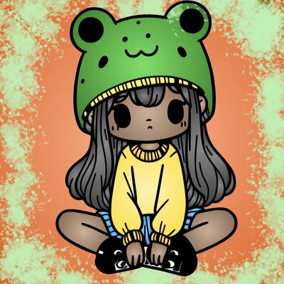 a girl wearing a frog hat and some frog socks