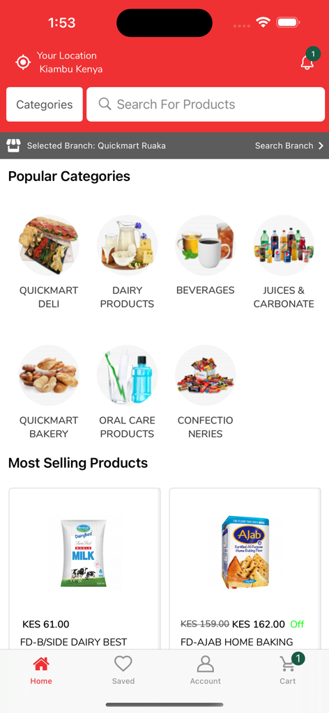 Quickmart Online - Q SOKO - Home screen of the Quickmart Online app showing popular grocery categories and most selling products like milk and flour.