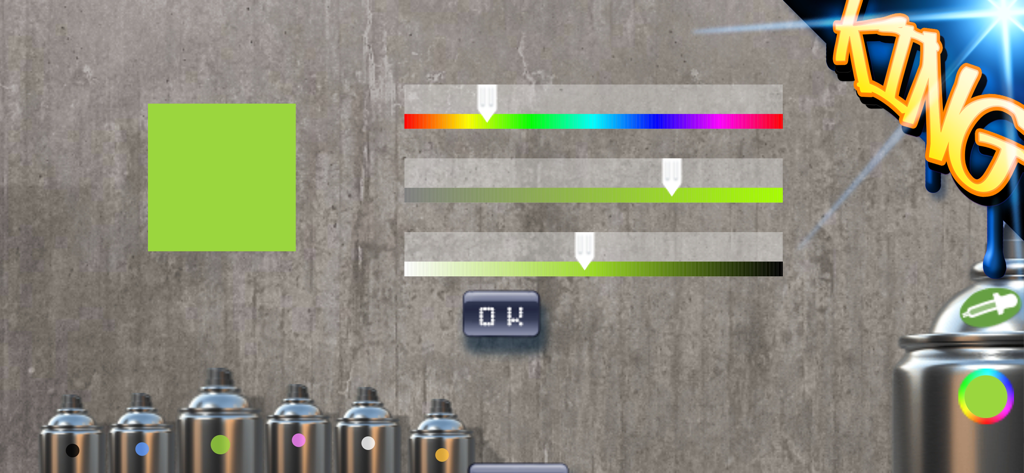 Graffiti Spray Can Art - KING - Interface de l'application de graffiti numérique montrant des curseurs de sélection de couleurs et des bombes de peinture sur un fond de mur en béton.