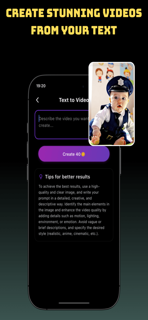 NanoBanana: AI Video Generator - 프롬프트 입력 및 더 나은 결과를 위한 팁이 있는 AI 텍스트-비디오 생성 기능이 있는 나노바나나 앱 인터페이스.