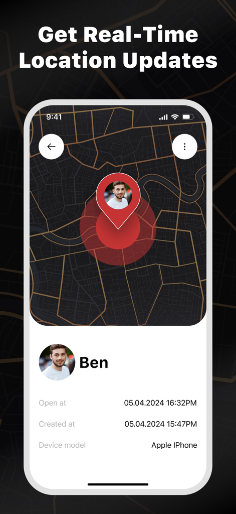 Find Geo: GPS Phone Tracker - Interfaz de la aplicación Find Geo mostrando rastreo de ubicación GPS en tiempo real para un contacto en un mapa