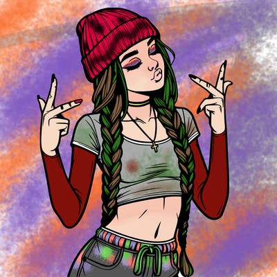 realistic teenage girl with braids and a beanie and crop top doing 🫶🏼