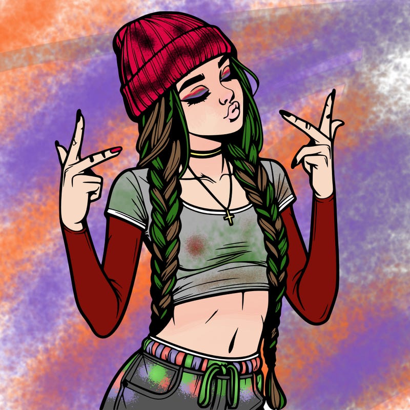 realistic teenage girl with braids and a beanie and crop top doing 🫶🏼