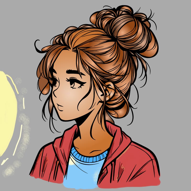 realistic teenage girl with a messy bun