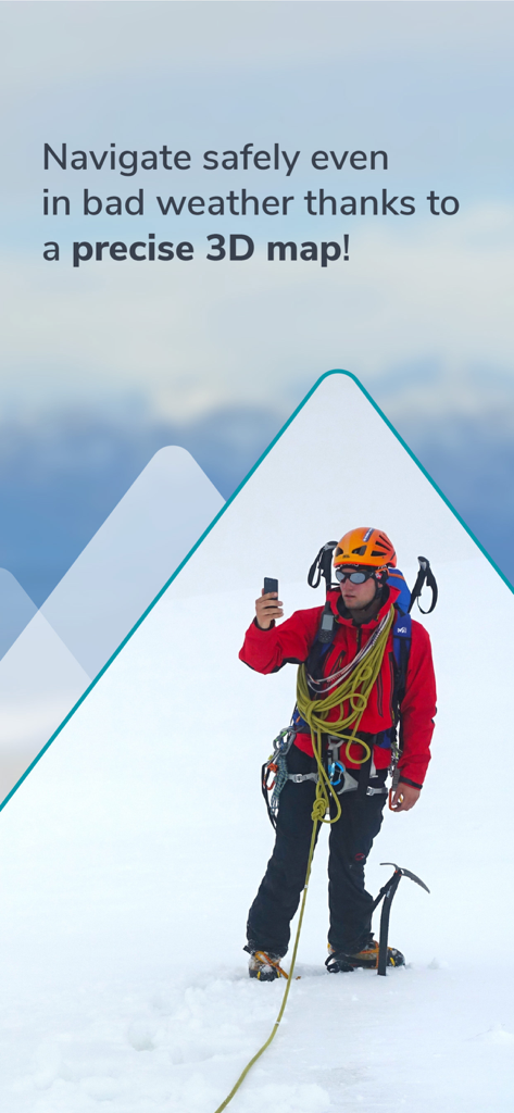 Mountain climber using 3D navigation on a snowy peak for safety