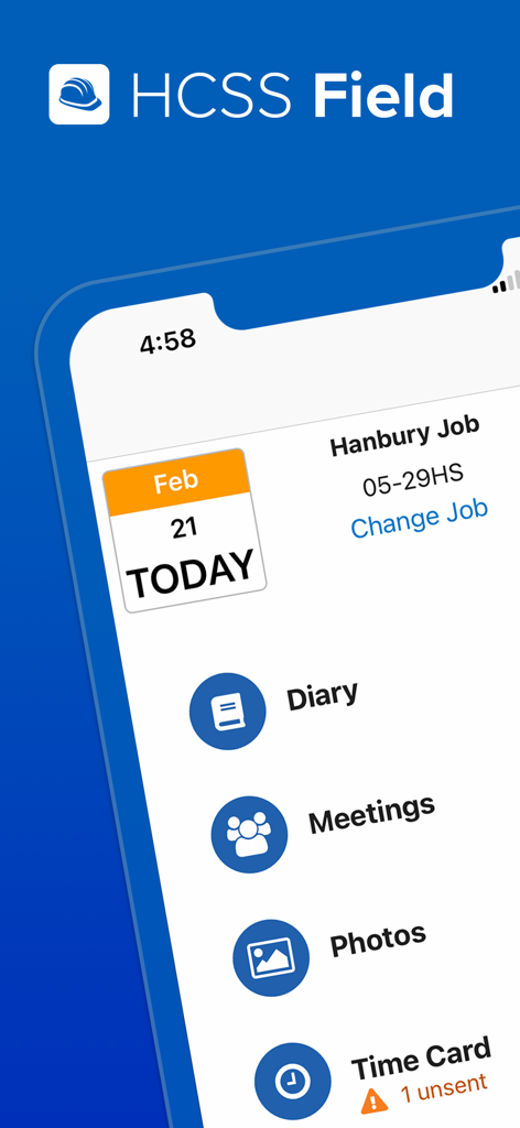 Painel do aplicativo HCSS Field mostrando tarefas diárias como reuniões, fotos e cartões de ponto
