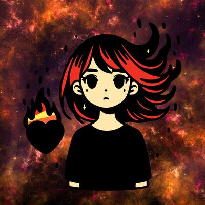 girl with a black atmosphere around her,her hair is floating behind her and in front of her stands a bright red heart of fire