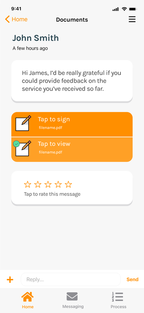 ONP Solicitors - ONP Solicitors app interface showing a messaging screen with options to view and digitally sign PDF documents.