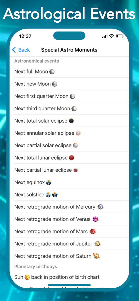Astro Future - Daily Horoscope - Astro Futureアプリ内の今後の天文イベントと惑星の逆行リスト