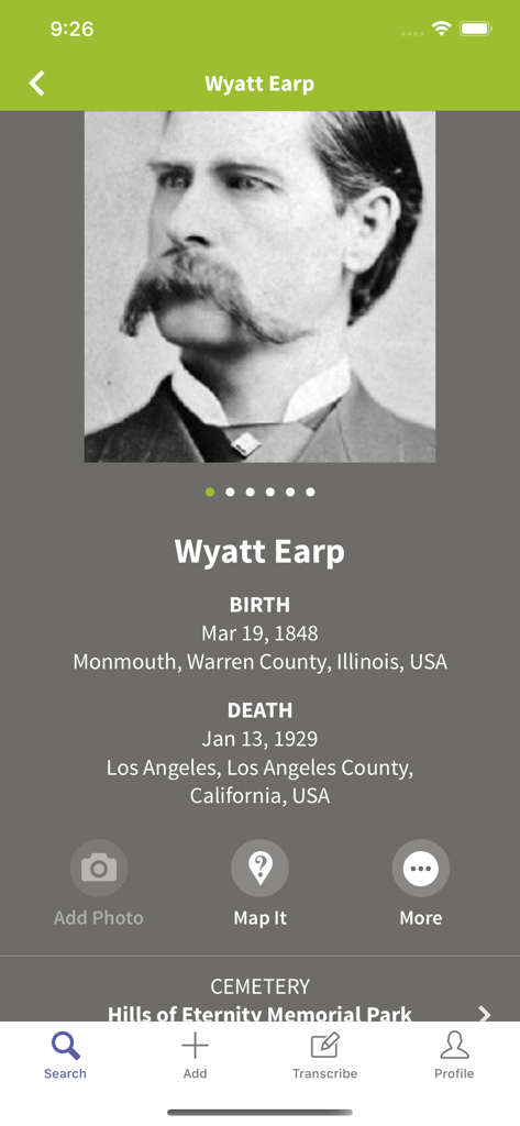 Gedenkseite für Wyatt Earp in der Find a Grave App mit seinem Porträt, Geburts- und Sterbedaten.