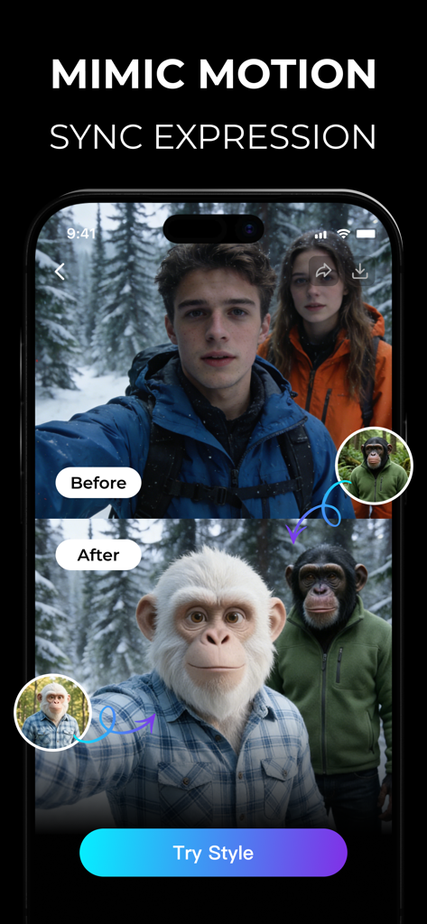 Movia AI: Photo to Video Maker - Una captura de pantalla de Movia AI mostrando una foto transformándose en personajes de chimpancés animados con expresiones sincronizadas.