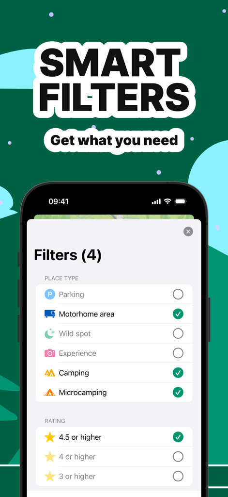 Campernight RV & Camper Spots - Campernight app screenshot showing smart filters for selecting motorhome areas, camping spots, and high-rated locations