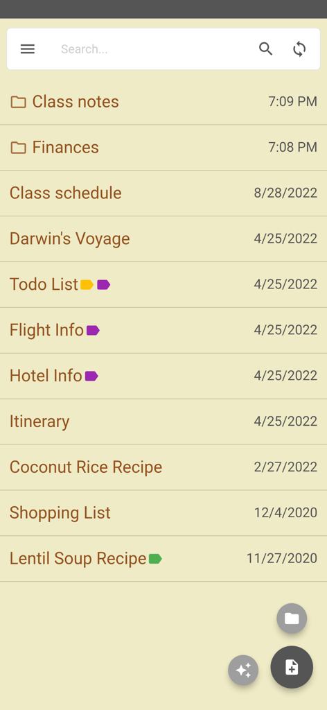 Écran de l'application Inkpad Notepad affichant une liste de notes et de dossiers avec une esthétique papier