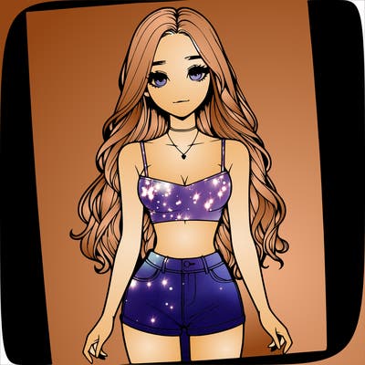 a realistic girl with long hair and in a crop top and shprts